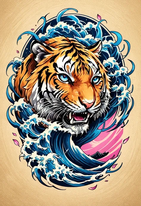 1 tiger, traditional japanese tattoo design, realistic tattoo art of orange tiger with (((blue eyes with thunder effect))) with ...