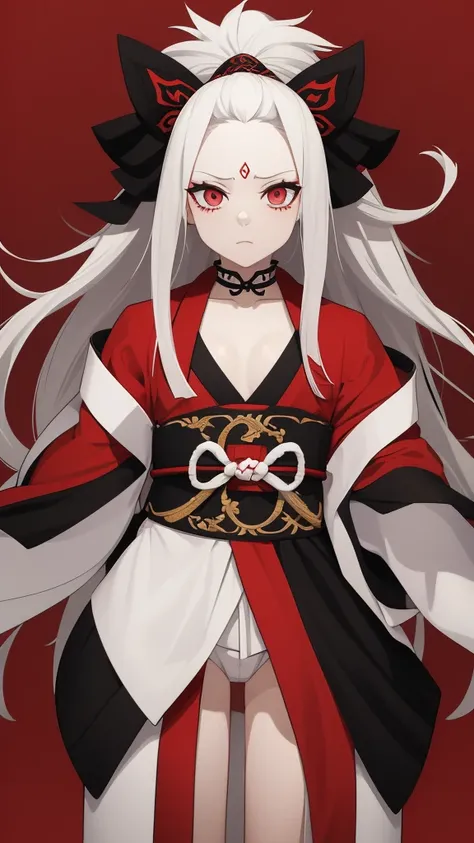 Make me an anime character who is a man with white hair and who is dressed as kimetsu no yaiba with a black and red haori,white skin with a combined katana 