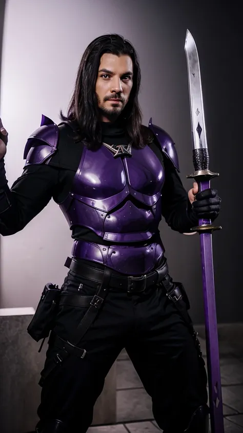 Farfadox, man, victory pose, held a black and purple sword 