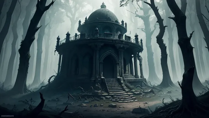 ancient forgotten catacomb, buried beneath the roots of a haunted forest. Utilize a dark fantasy art style with a dark, desaturated color palette. The view must be isometric, showing all the architectural details and RPG-style setting