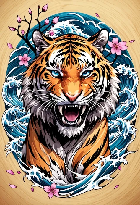 1 tiger, traditional japanese tattoo design, realistic tattoo art of orange tiger with (((blue eyes))) with pink sakura petal ef...