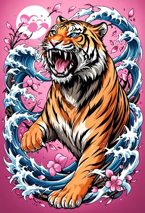 1 tiger, traditional japanese tattoo design, realistic tattoo art of orange tiger with (((blue eyes))) with pink sakura petal ef...