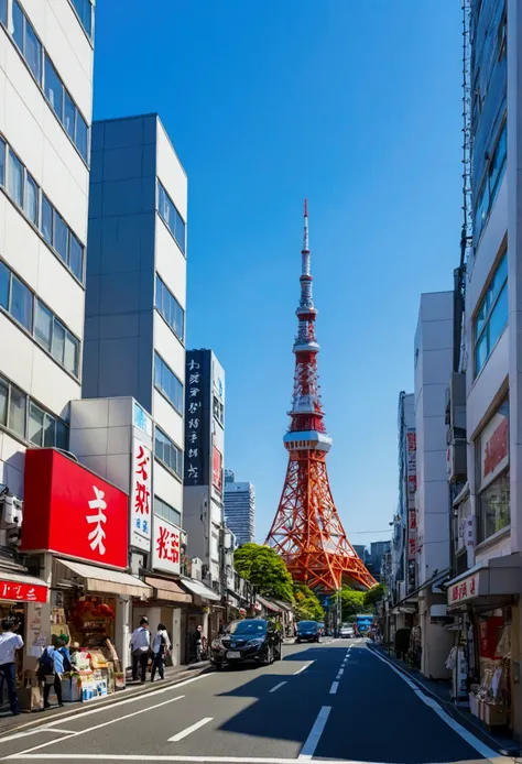 , city, , A shopping street with a view of Tokyo Tower, blue sky