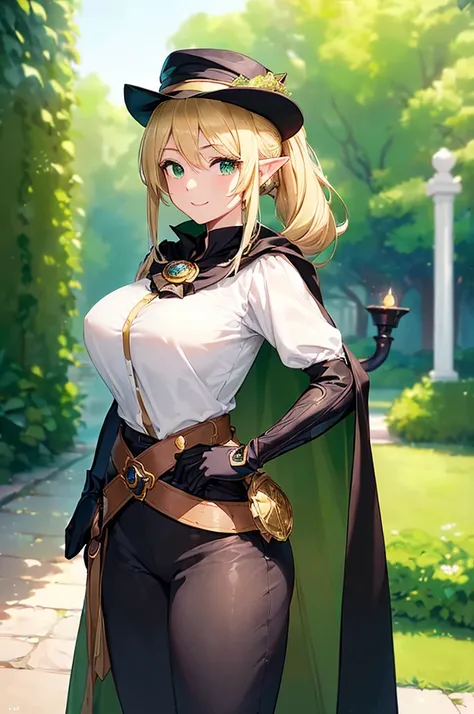 (((masterpiece; best quality: 1.2))), (finely detailed eyes: 1.3), (25 year old elf woman), (solo), (green eyes: 1.4), (body; big breasts, fit, femenine: 1.3), (silky blonde hair in low ponytail: 1.3), (beautiful and clear background: 1.2), ((depth of fiel...