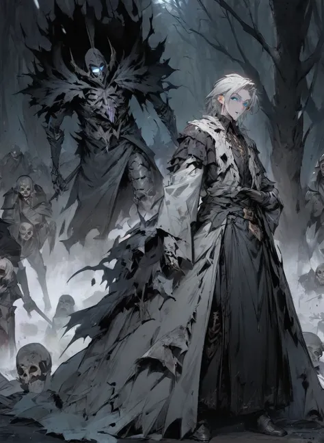 warlock dnds patron, undead king, blue eyes glowing, dark Woods, cold gray colors, Skeleton army in background, Bloodstained dress
