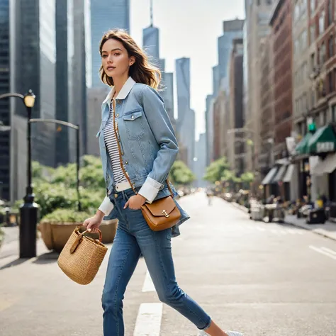 A high-resolution, cinematic photo of a woman walking down a city street, showcasing a casual chic outfit. She wears a pair of high-waisted skinny jeans in a light wash with a slight amount of stretch. On top, she sports a cropped chambray jacket with a cl...