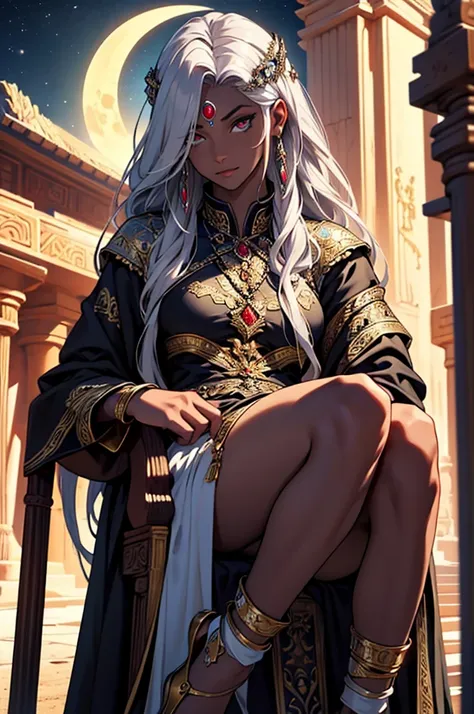 ​masterpiece, Best Quality, 4k, upper body close up, Background with: Sitting on a throne under a crescent moon in the desert night, Very detailed, Goddess with very dark skin, Medusa with silver hair falling down to her feet........, red pupil,