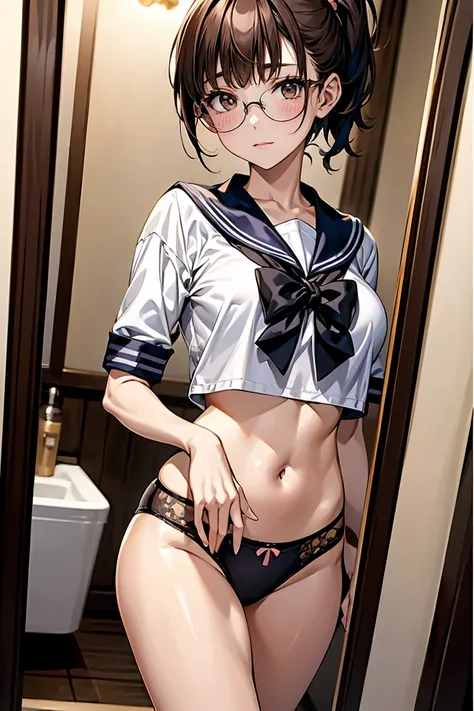 (masterpiece, best quality, perfect anatomy:1.1),  a woman wearing a lingerie taking a photo of her self in a mirror,phone,japanese 1girl,独奏,23 years old,black ponytail,pattun,bluntbangs,round face,drooping eyes,brown eyes,(blush :1.2),Angle from below,独奏,...