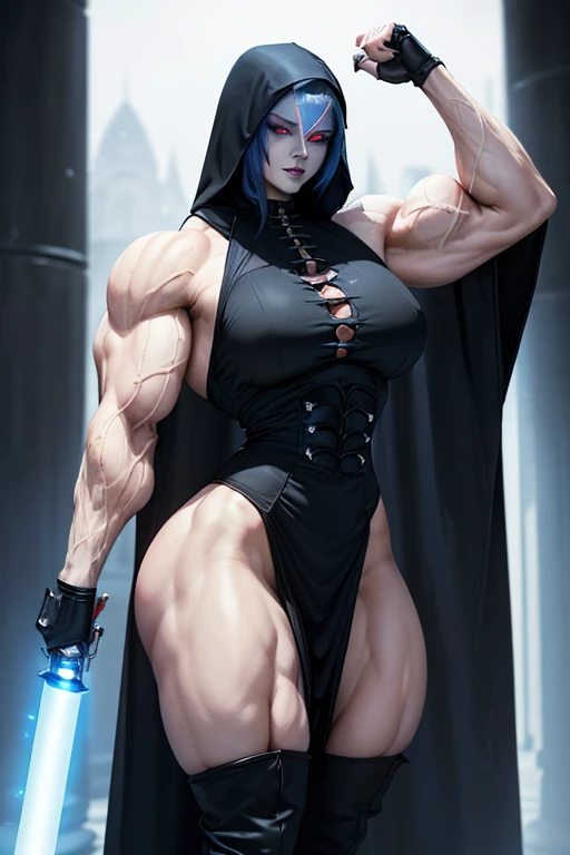 ((Massive, tall, beautiful, buff, muscular pale white skinned asian female Sith Lord with royal blue hair, black lipstick, ginormous bulky muscles, carrying a red lightsaber and wearing a long hooded gothic tiered dress)), ((close view)), black eyeliner, m...