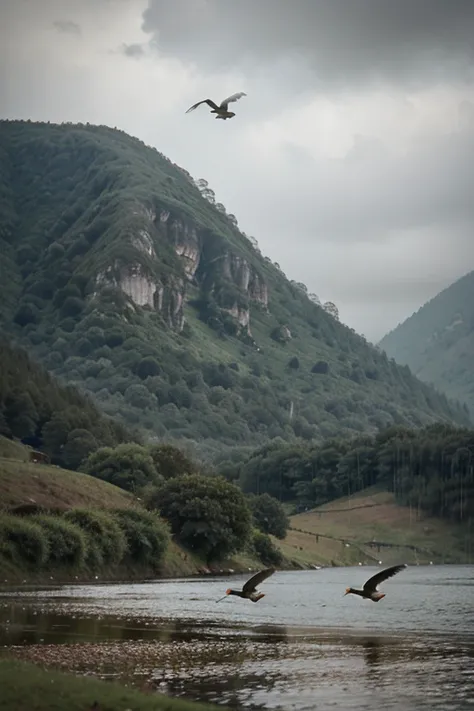 Flying birds on landscape in rain