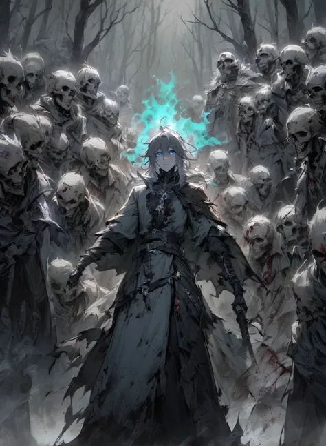 warlock dnds patron, undead king, blue eyes glowing, dark Woods, cold gray colors, Skeleton army in background, Bloodstained dress, blood aura
