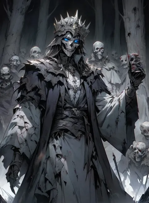 warlock dnds patron, undead king, blue eyes glowing, dark Woods, cold gray colors, Skeleton army in background, Bloodstained dress, blood aura
