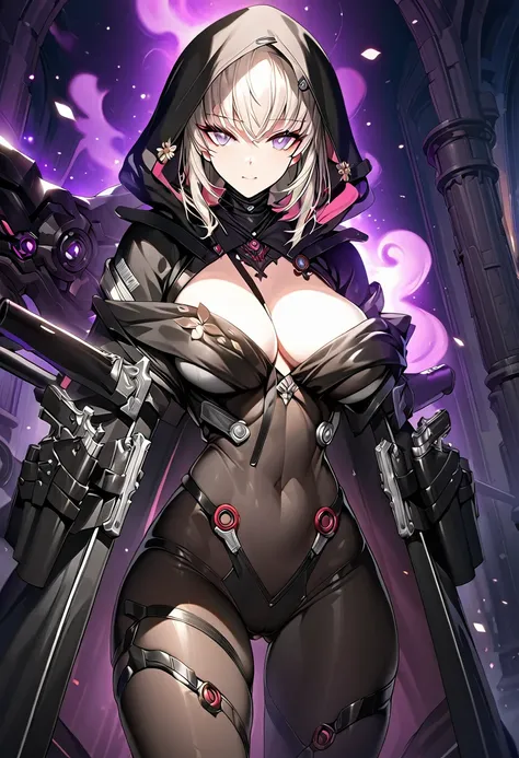 absurdres, by famous artist, exquisite, cowboy shot, hood, jacket, body suit, black clothes, black wear, weapon, purple eyes, perfect eyes,ultra detailed beautiful face, masterpiece, super fine illustration, ultra high res, masterwork, best quality, cg uni...