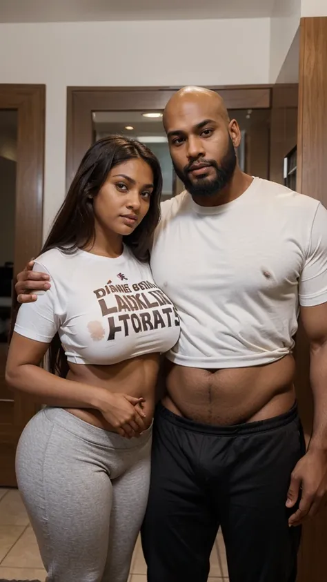 Sexy interracial couple, brown indian man half bald, beard, tall, muscular, brown(ebony skin) chubby woman long hair, big breast, big nipples, big hip, big curvy ass, man wearing t shirt and yoga pant, woman wearing white bra, front view, couple, detailed.