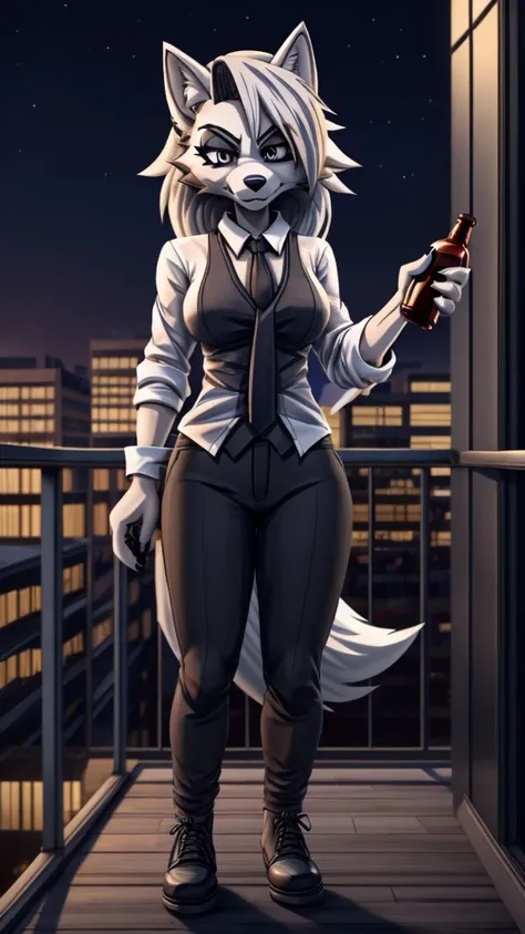 Loona from Helluva Boss, female wolf, anthro, mature adult, soft white hair, grey eyes, white shirt with tie, black pants, black shoes, standing in the balcony, city at background, night, she is holding a bottle, detailed, solo, beautiful, front view, high...