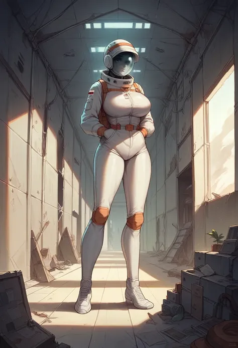 Masterpiece , best quality , Masterpiece , best quality , 1 woman , astronaut suit , wear a hat  , big breasts , abdomen , Beautiful legs , Seductive poses , shoe , full body , abandoned factory 