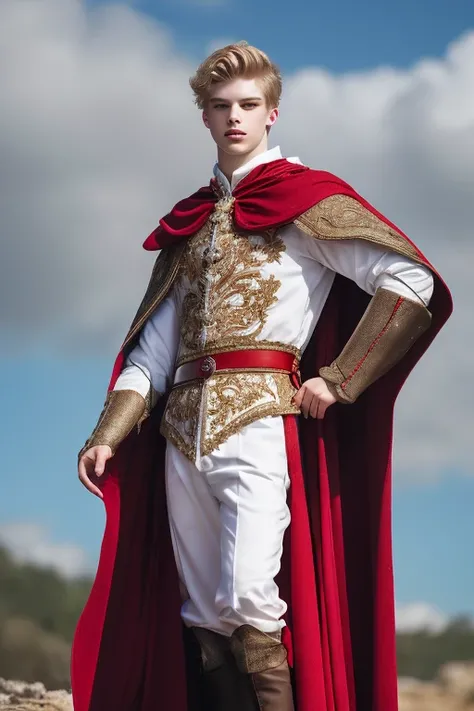 Create an image for me of a 20-year-old guy with platinum white wavy hair, vivid purple eyes and pale skin and white medieval royal clothing with red crab embroidery and a red cape