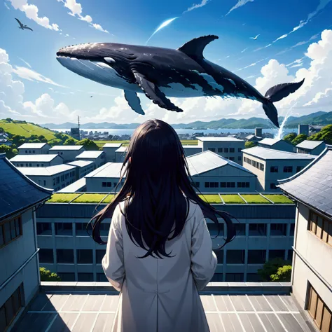 Rear view of a girl watching a flying whale from the roof of a school building, Japanese high , long black hair, countryside, (Masterpiece), (Best Quality), (Ultra high Detailes), intricate details.