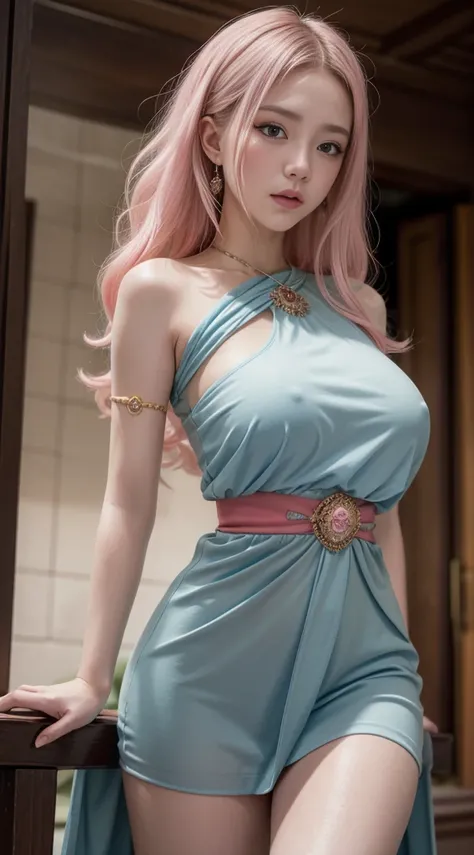 Light blue and red tones，pink nipples，，，white curly hair, Highly detailed, best quality, Details in the palace,Sweating, pink pussy  ,  dark background, 5/6 characters, hair above nipples, open legs, Thai dress,