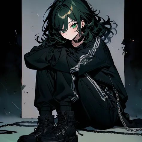 (well done:1) woman, long black curly hair, gray left eye, dark green right eye, black choker, black sweatshirt with white details, black sweatpants with some chains around them, black boots.