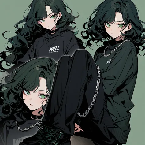 (well done:1) woman, long black curly hair, gray left eye, dark green right eye, black choker, black sweatshirt with white details, black sweatpants with some chains around them, black boots.