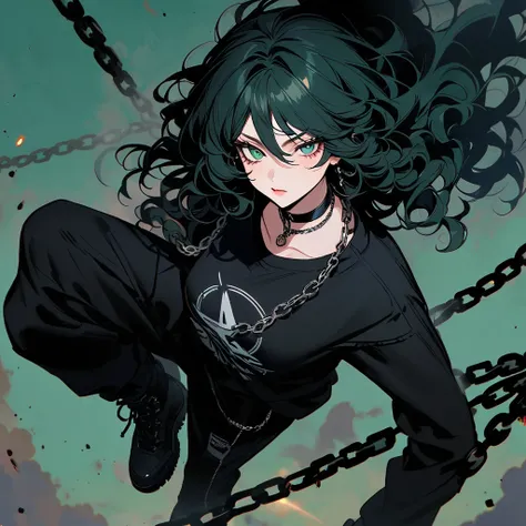 (well done:1) woman, long black curly hair, gray left eye, dark green right eye, black choker, black sweatshirt with white details, black sweatpants with some chains around them, black boots.