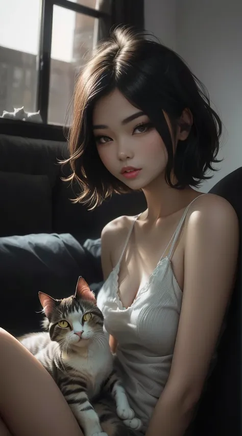 araffe Miss sitting on a couch with a cat in her lap, Very beautiful and cute cat girl, Charming cat girl, Beautiful young catwoman, short hair, beautiful Asian Girls, Asian Girls,  Miss / Cat hybrid breeds, Young cute girl, sexy look at the camera, 🤤 Girl...