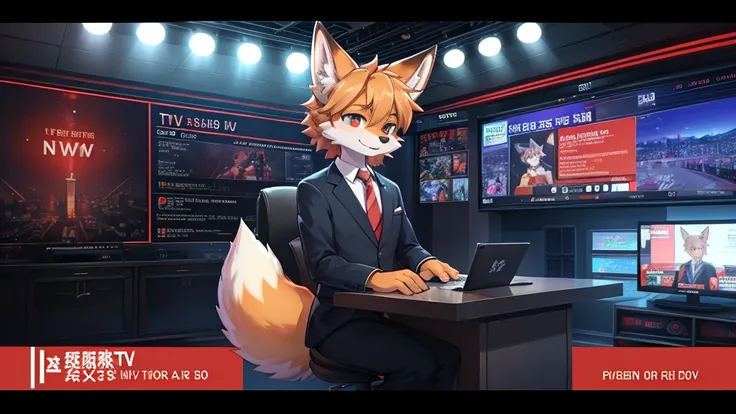 fox boy,Television anchor,8k resolution,high resolution,最high resolution,News-like caption,Broadcasting station logo,Casual wear,Display the emergency alert message below,Like I was in a hurry.