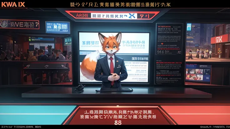 fox boy,Television anchor,8k resolution,high resolution,最high resolution,News-like caption,Broadcasting station logo,Casual wear,Display the emergency alert message below,Like I was in a hurry.