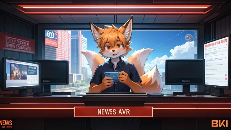 fox boy,Television anchor,8k resolution,high resolution,最high resolution,News-like caption,Broadcasting station logo,Casual wear,Display the emergency alert message below,Like I was in a hurry.