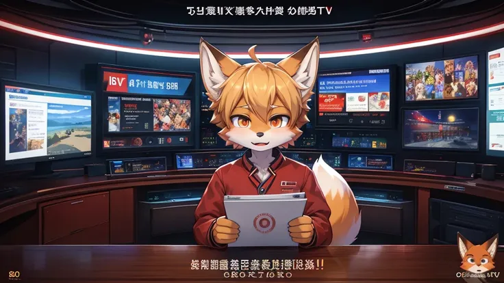 fox boy,Television anchor,8k resolution,high resolution,最high resolution,News-like caption,Broadcasting station logo,Casual wear,Display the emergency alert message below,Like I was in a hurry.