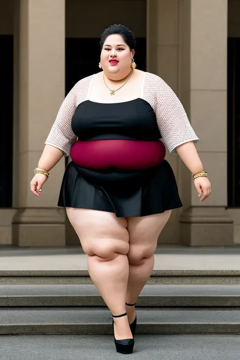 masterpiece, best quality, live action photo, 140kg extremely obese woman, large stomach, mini skirt, high heel, necklace, earring, bracelet