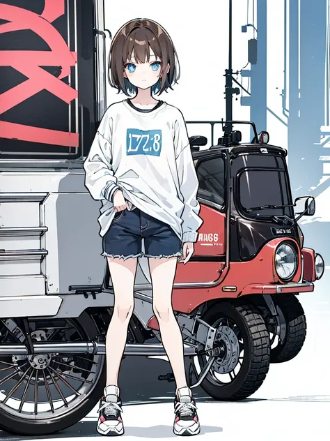 Anime teen girl 17 years old, brown short hair, black thight clothes, blue eyes, jean short pants, sneakers