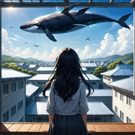 Rear view of a girl watching a flying whale from the roof of a school building, Japanese high , long black hair, countryside, (Masterpiece), (Best Quality), (Ultra high Detailes), intricate details.