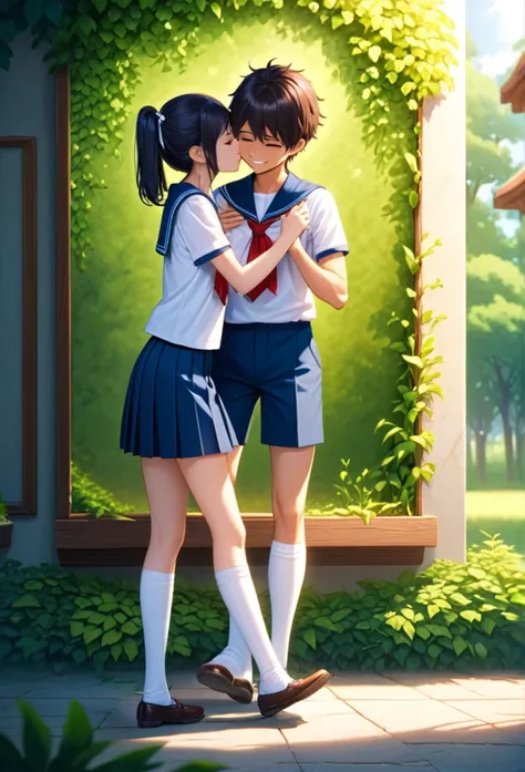 A heartwarming moment between an Indian brother and sister, both dressed in their distinctive school uniforms. The brother, with his short hair neatly combed and a mischievous smile, is slightly taller than his sister, which suggests a protective nature. H...