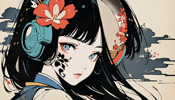 Ink Painting, (((1 girl))), (((Tattoos on the face))), (((gorgeous hair accessory))), Japanese style headphones, Face close-up, Beautiful Japanese Girls, Black Hair, Delicate and precise, Modern ukiyo-e style