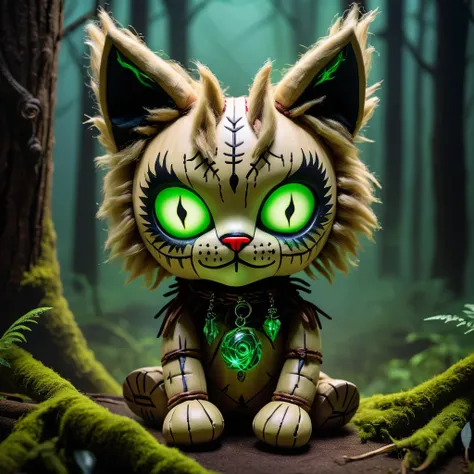 (knitted toy voodoo doll:1.7), (Voodoo Cursed Lynx:1.3), (Clothing: shadowy fur with glowing green eyes:1.0), (Accessories: enchanted cursed claws, glowing ancient pendant, mystical haunted forest:1.2), (background: dark woods with floating, glowing eyes a...