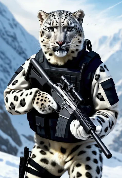 (Masterpiece, Best Quality, photorealistic, ultra detailed), snow leopard dressed in tactical gear, Covert operations, holding a shotgun in his hand, dynamic pose, natural lighting, Seamless digital illustration