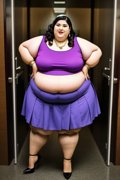 masterpiece, best quality, live action photo, 140kg extremely obese woman, large stomach, mini skirt, high heel, necklace, earring, bracelet