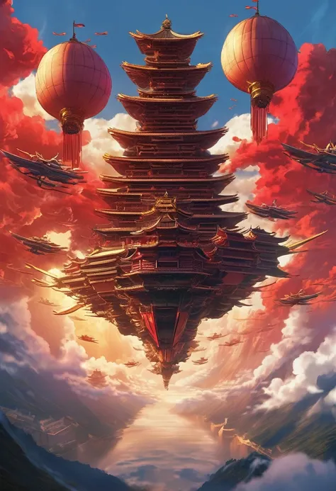 Sky Armada, A grand armada of flying mythical chinese xianxia warships soaring over clouds and mountains below, flying ships aranged in a v formation, Gold and Red color scheme only, Gold and Red colors only, Gold and Red, Made in Abyss, Stormlight Archive...