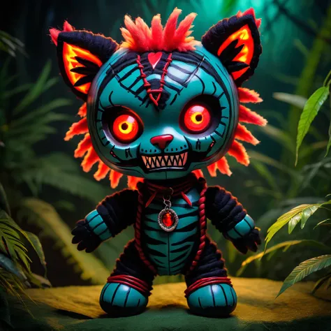 (knitted toy voodoo doll:1.7), (Voodoo Blood Tiger:1.3), (Clothing: dark fur with glowing red eyes:1.0), (Accessories: enchanted infernal claws, glowing bloodstone pendant, mystical cursed jungle:1.2), (background: moonlit jungle with floating, glowing emb...