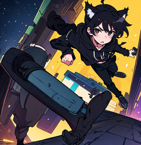 2d anime cat boy with black hair and kitty ears, wearing black hoodie, black pants, walking under city lights at night all alone by himself 