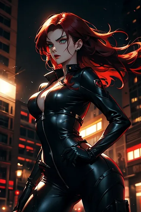 a beautiful woman with fiery red hair, piercing green eyes, and a bold red lipstick, wearing a black catsuit, highly skilled in hand-to-hand combat, stealthy movements, skilled marksman, confident and determined expression, dark and moody atmosphere, cinem...