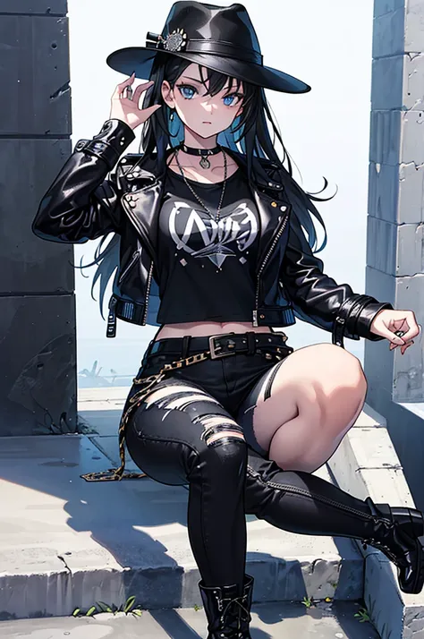 ((best quality)), ((masterpiece)), (detailed), perfect face, 1 girl, a black leather jacket with a bold graphic tee underneath, paired with distressed jeans and chunky combat boots. Accessorize with a statement necklace and a sleek black fedora hat to comp...