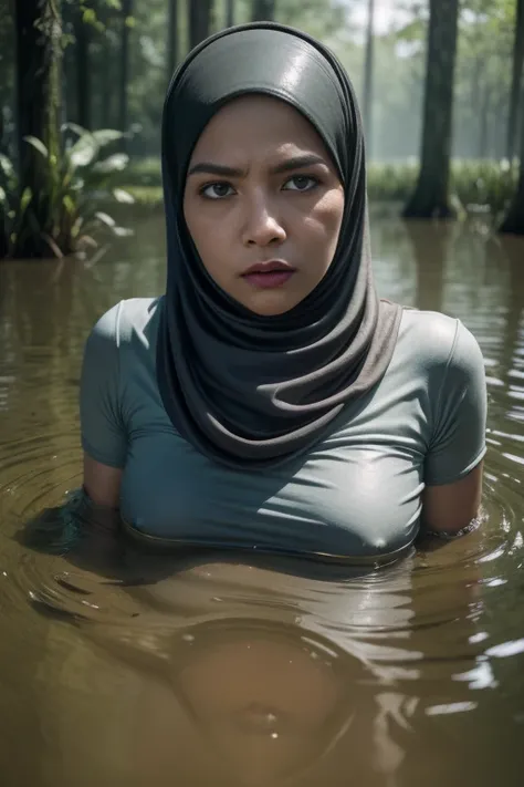 ((Chubby:-1.3)), ((HIJAB)), WEARING STRAPLESS PATTERN FLORAL BRA, (Best Quality, hight resolution, Realistic:1.37), Detailed face and expression, The Frightened Woman, pixie cut, sickly, Worn-out appearance, Swamp environment, standingn, Seductively drowni...