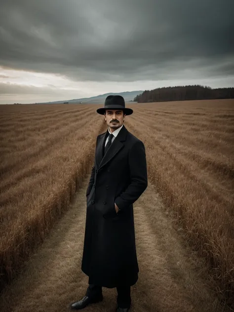 arafed man in a black coat and hat standing in a field, an album cover inspired by Cristache Gheorghiu, flickr, fantastic realism, scene from the movie godfather, the godfather, navid negahban, clean from scene from twin peaks, handsome man, godfather, a s...