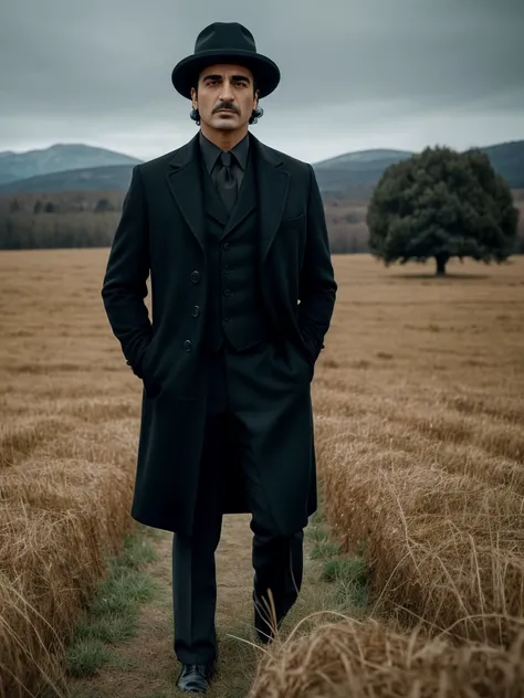 arafed man in a black coat and hat standing in a field, an album cover inspired by Cristache Gheorghiu, flickr, fantastic realism, scene from the movie godfather, the godfather, navid negahban, clean from scene from twin peaks, handsome man, godfather, a s...