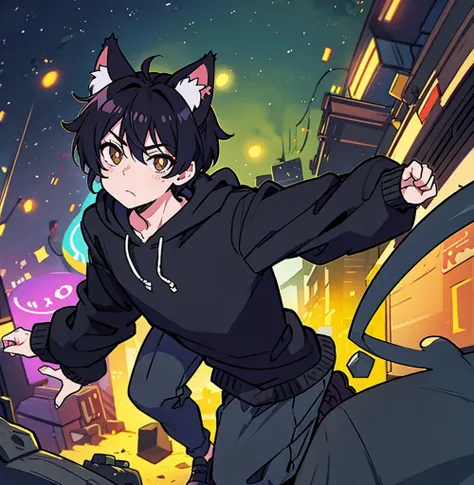 2d anime cat boy with black hair and kitty ears, wearing black hoodie, black pants, walking under city lights at night all alone by himself 