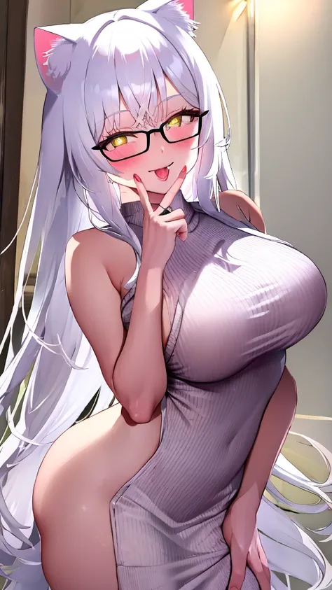 A 20-year-old female angel with long hair, white hair, yellow eyes, cat ears, breasts, and white angel wings. A glowing yellow halo ring overhead. Wear round glasses (White halter turtleneck sweater, white purekiller sweater, sleeveless, sexy backless swea...