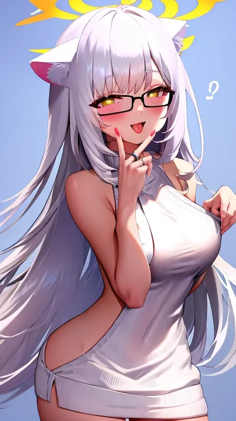 A 20-year-old female angel with long hair, white hair, yellow eyes, cat ears, breasts, and white angel wings. A glowing yellow halo ring overhead. Wear round glasses (White halter turtleneck sweater, white purekiller sweater, sleeveless, sexy backless swea...